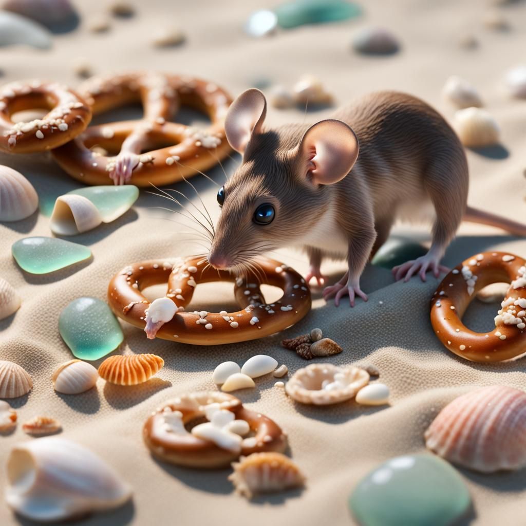 Mouse Nibbling Pretzel on Beach with Seashells