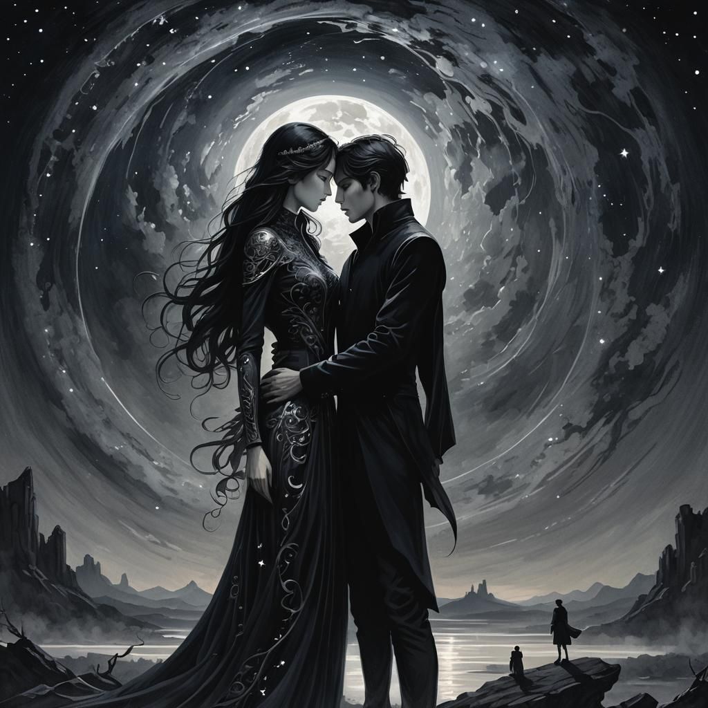 Mysterious Duo Under Starlit Sky in Dark Fantasy Art