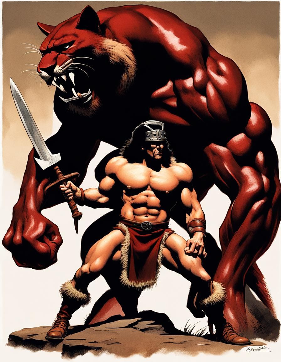 Barbarian Warrior with Cougar in Dark Fantasy Art