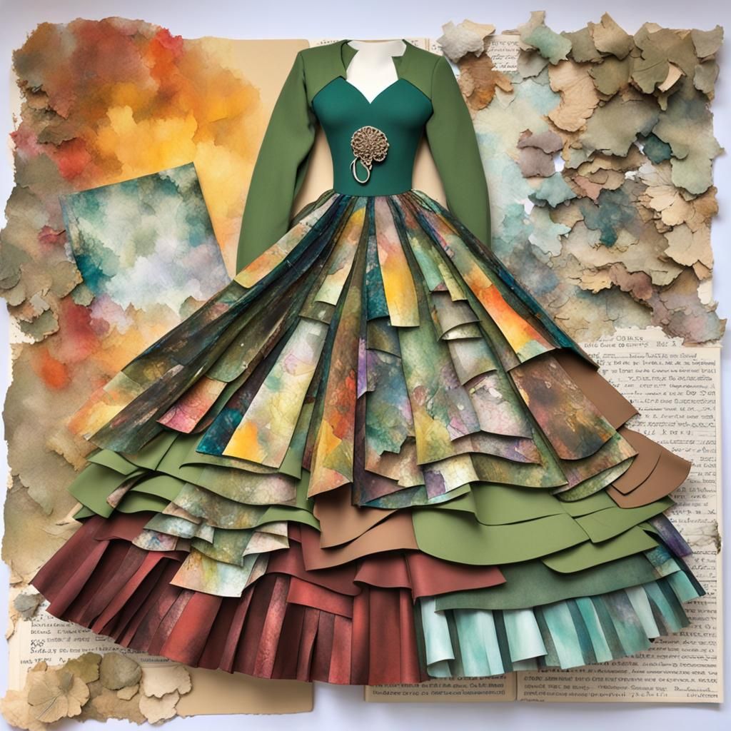 Paper Collage Ballgown, Long Sleeved Patterned Bodice, Bold ...