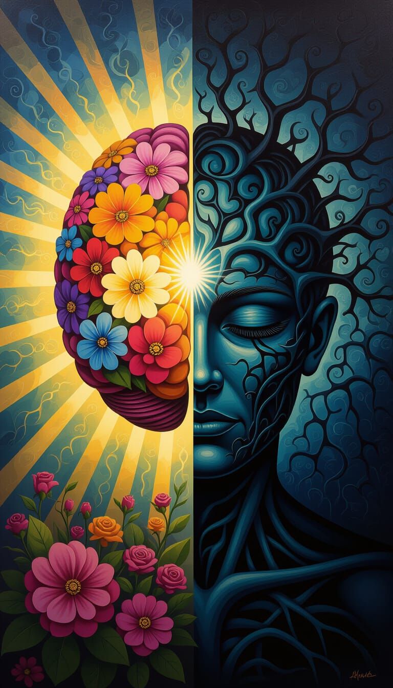 Surreal Brain Painting: Light vs Shadow of Thoughts