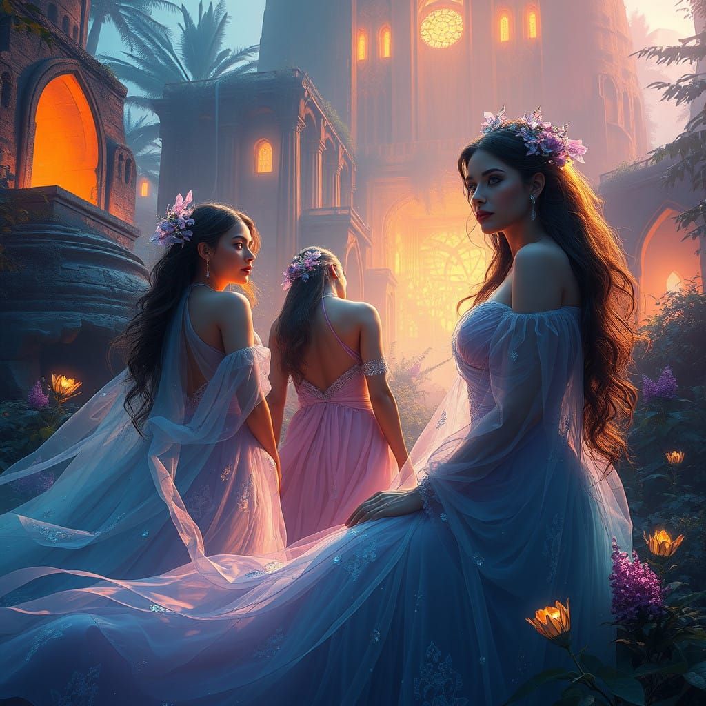 Ethereal Ladies in Vibrant Fantasy Realm