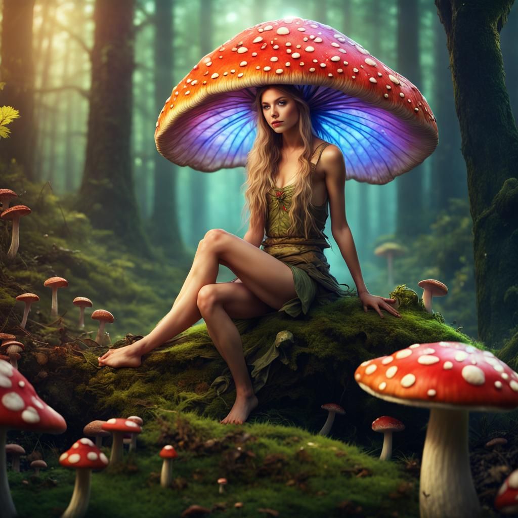 Winged Fairy Resting Under Mushroom Cap: Digital Matte Paint...