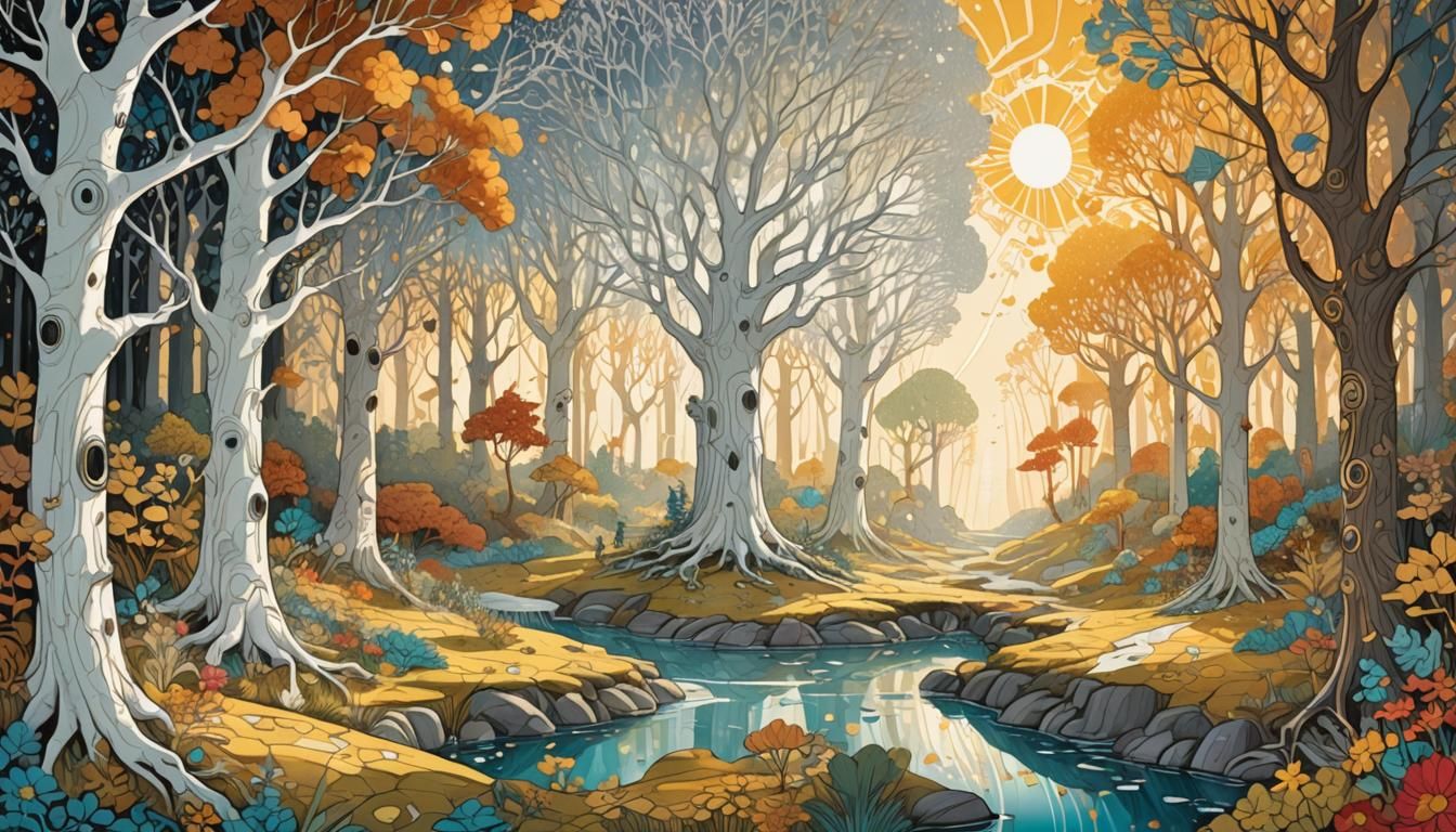 White Woods Float Towards Golden Sunbeam