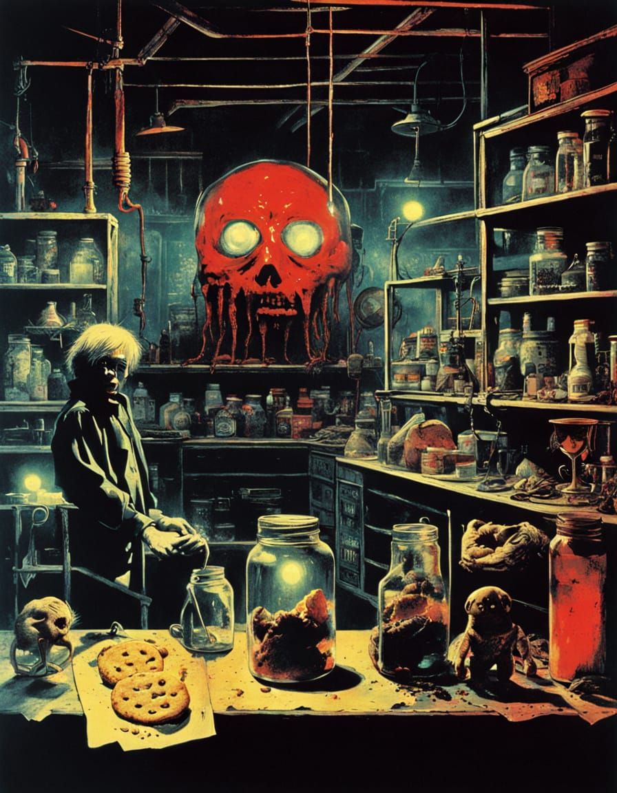 Surreal Lab Scene with Glowing-Eyed Doll