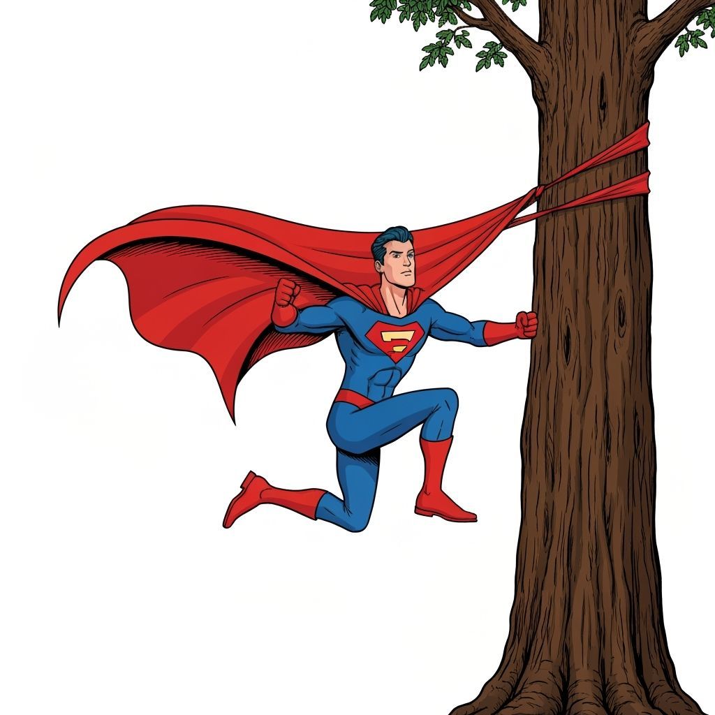 Hilarious Superhero Stuck in Tree with Cape