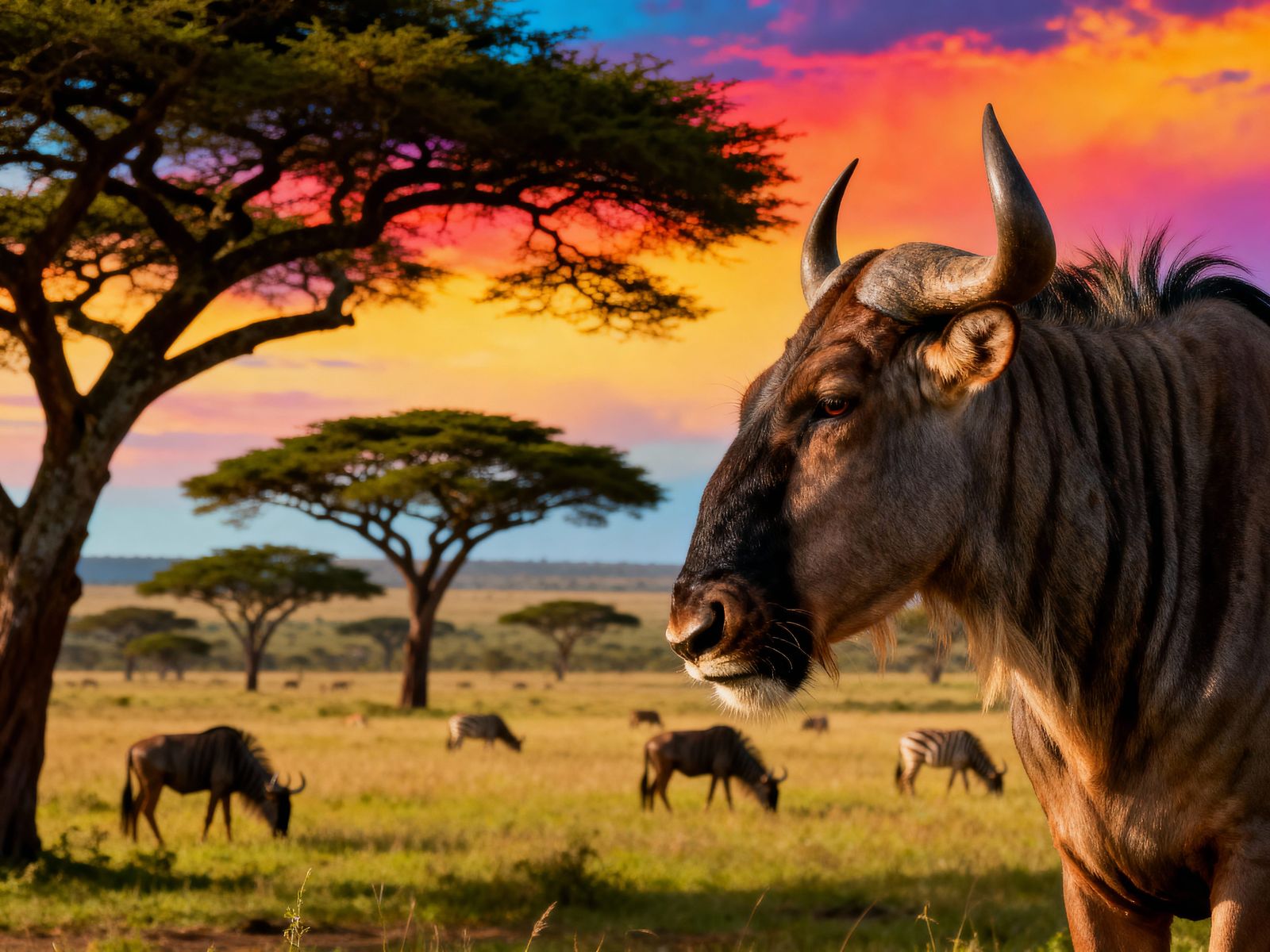 Vast Savanna with Acacia Trees & Animals in Vibrant Colors