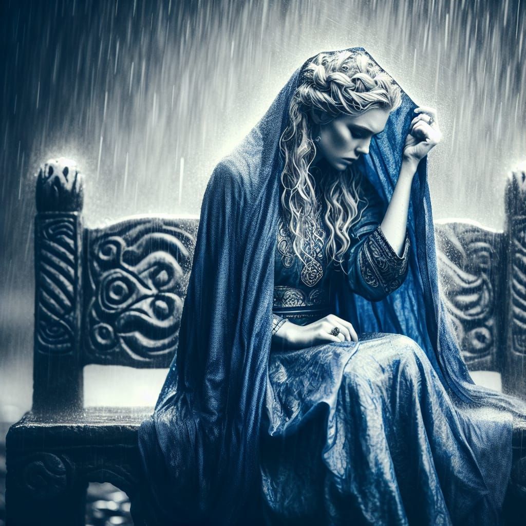 Norse Goddess in Monochrome Blue Rain