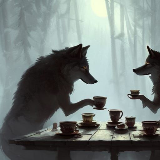 Anthropomorphic Wolves Share Tea, Dark Fantasy Style