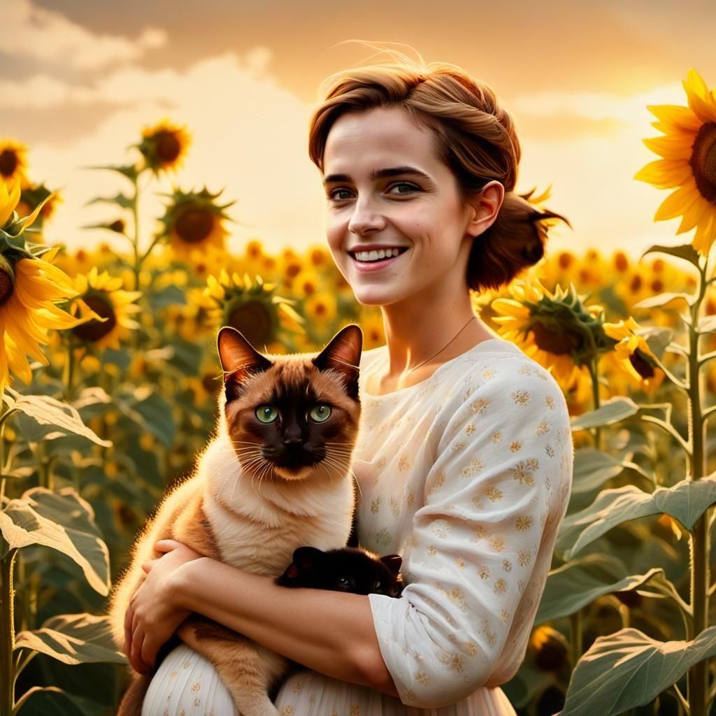 Pregnant Woman with Siamese Cat in Sunflower Garden