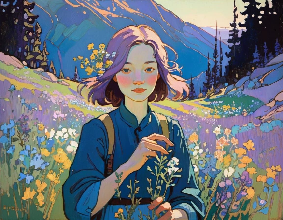 Surreal Alpine Landscape in Watercolor Style