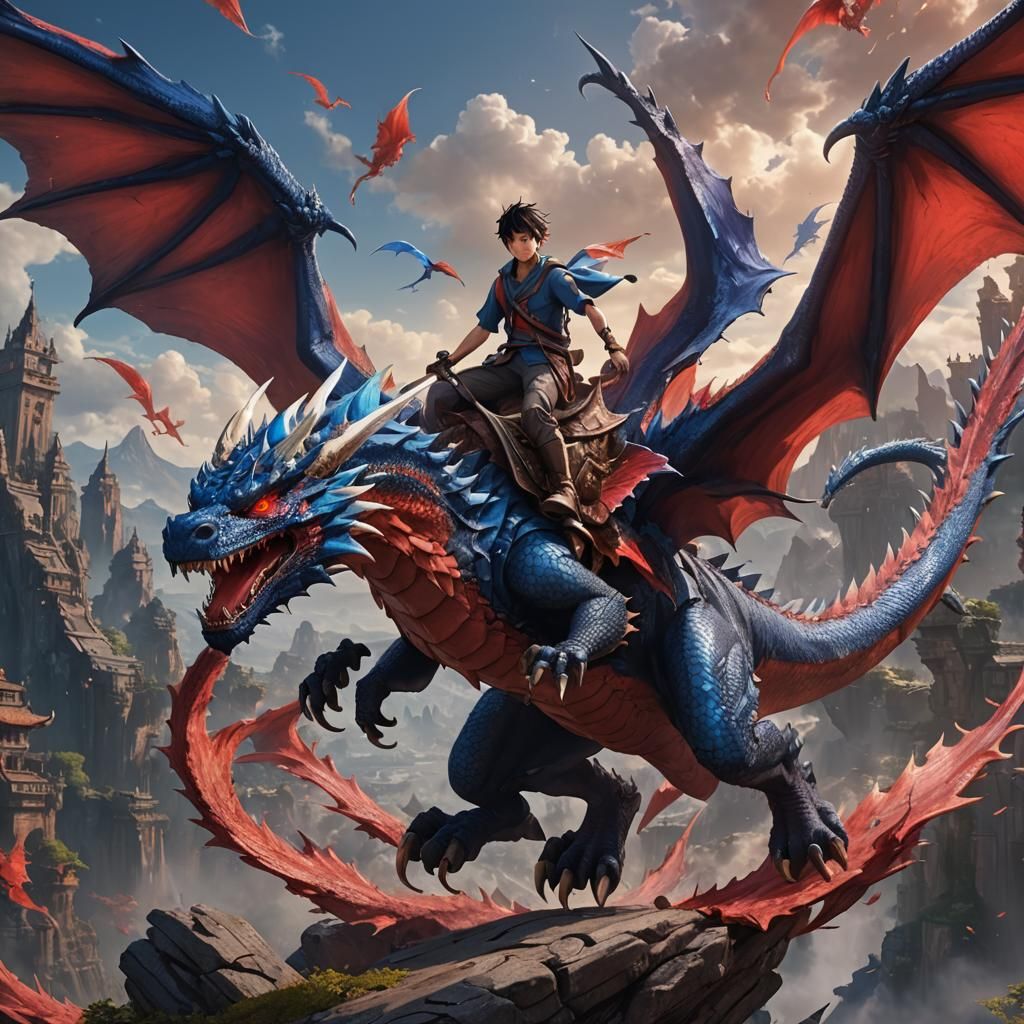 Anime Boy on Red and Blue Dragon: Detailed Fantasy Art