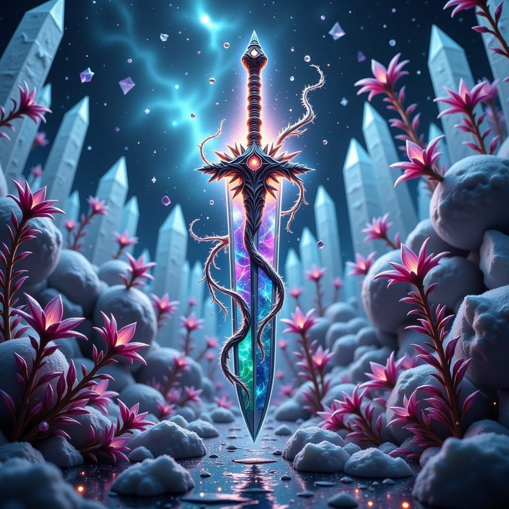 Ethereal Ice Sword with Iridescent Scales and Wild, Thick Fu...