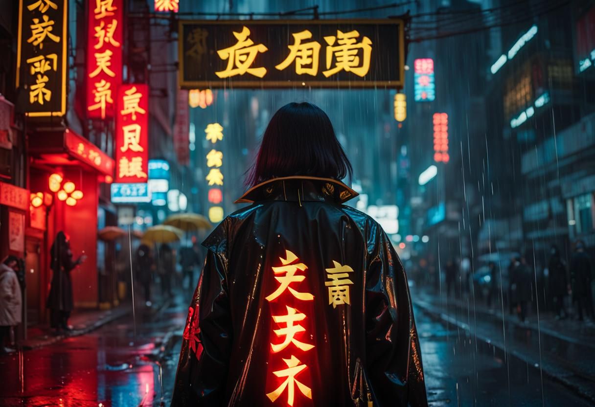 Cyberpunk Woman in Rainy Neon Cityscape