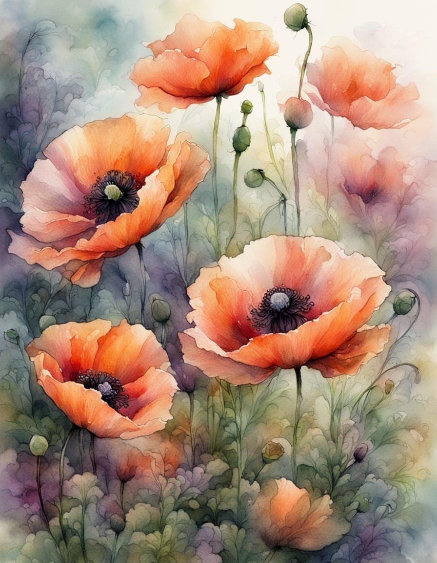 Ethereal Oriental Poppies in Soft Watercolor