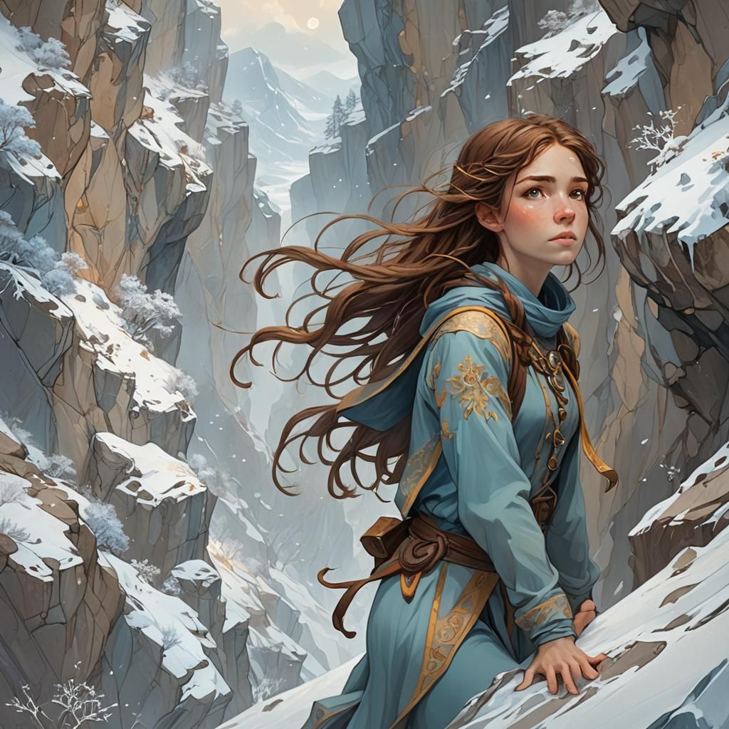 Girl Climbing Snowy Cliff in Fantasy Art Nouveau Style