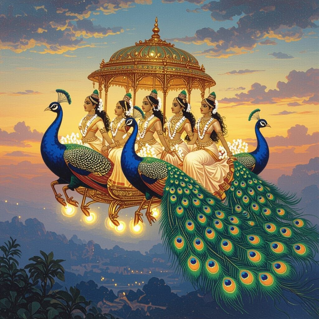 Ethereal Indian Nymphs in Celestial Chariot, Raja Ravi Varma...