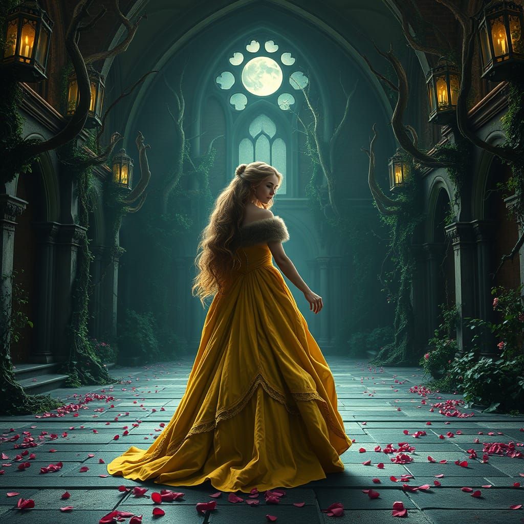 Belle Transformed into the Beast in a Gothic, Moonlit Courty...