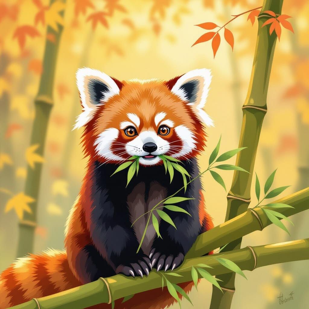 Playful Red Panda in Golden Autumn Foliage