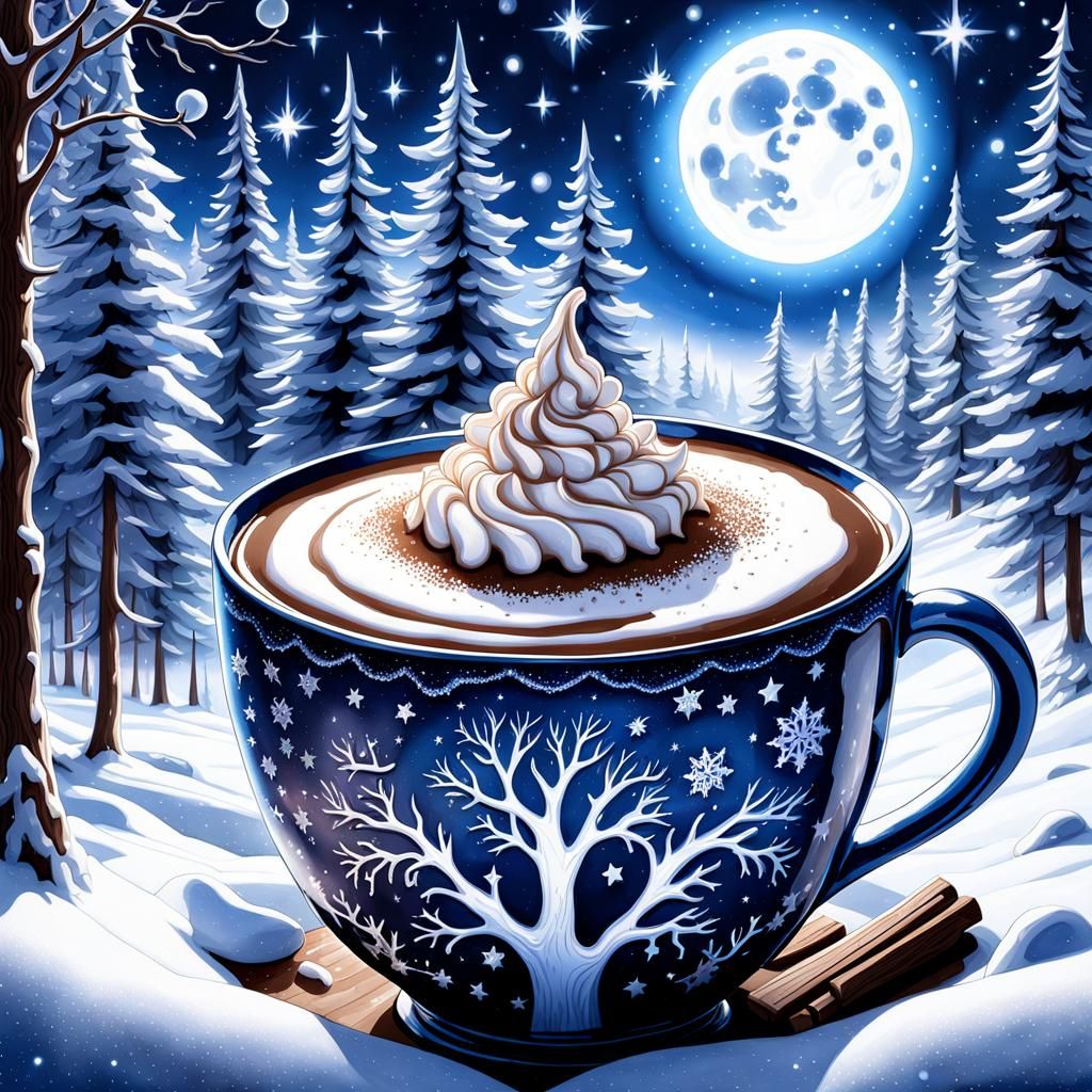 Gothic Winter Landscape with Hot Chocolate, Watercolor Style