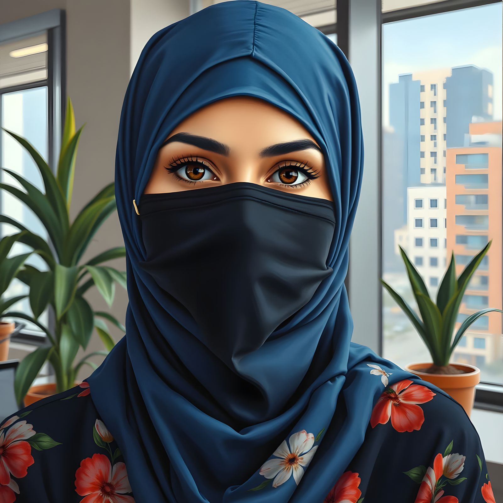 Hijabi Woman in Flowered Abaya: Oil Gouache Painting