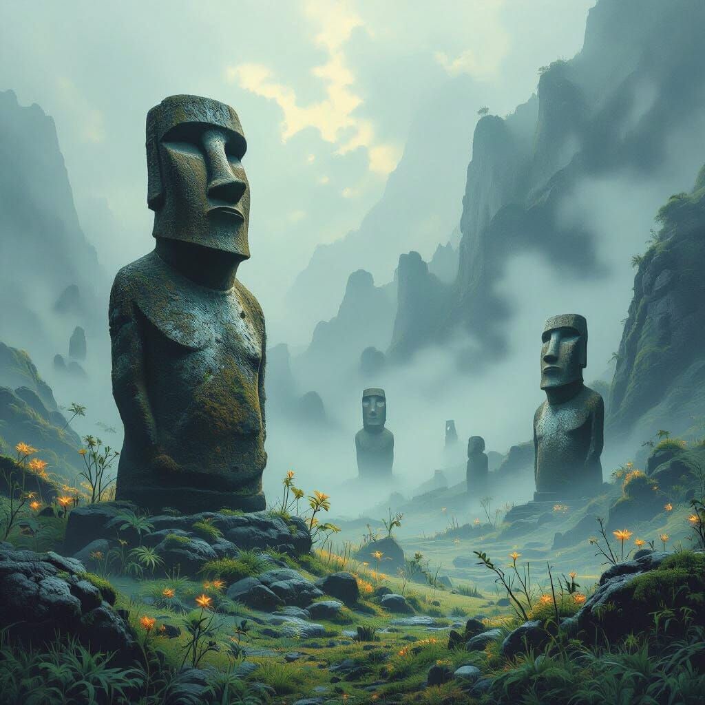 Mystical Moai Statues in Ethereal Lost World