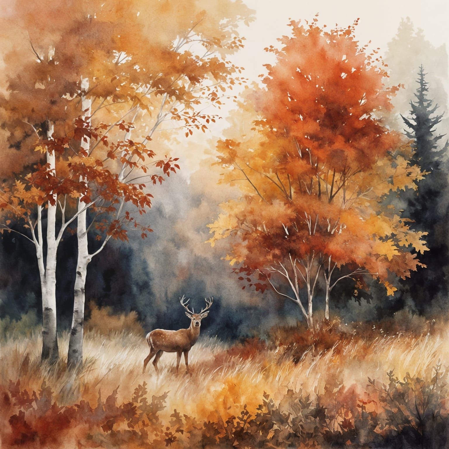 Autumn Deer Watercolour Painting in Warm Light