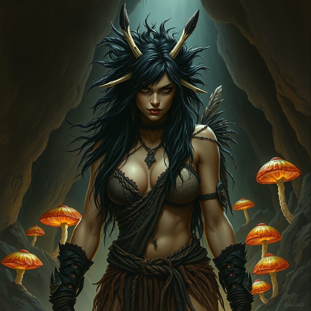 Goth Cavewoman in Dark Fantasy Art Style