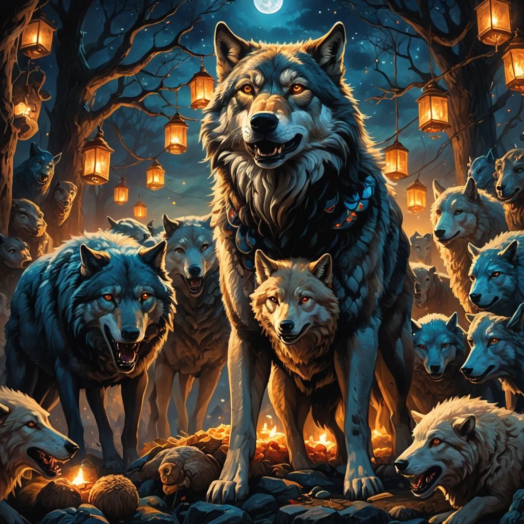 Fantasy Wolf Pack Feast in the Night