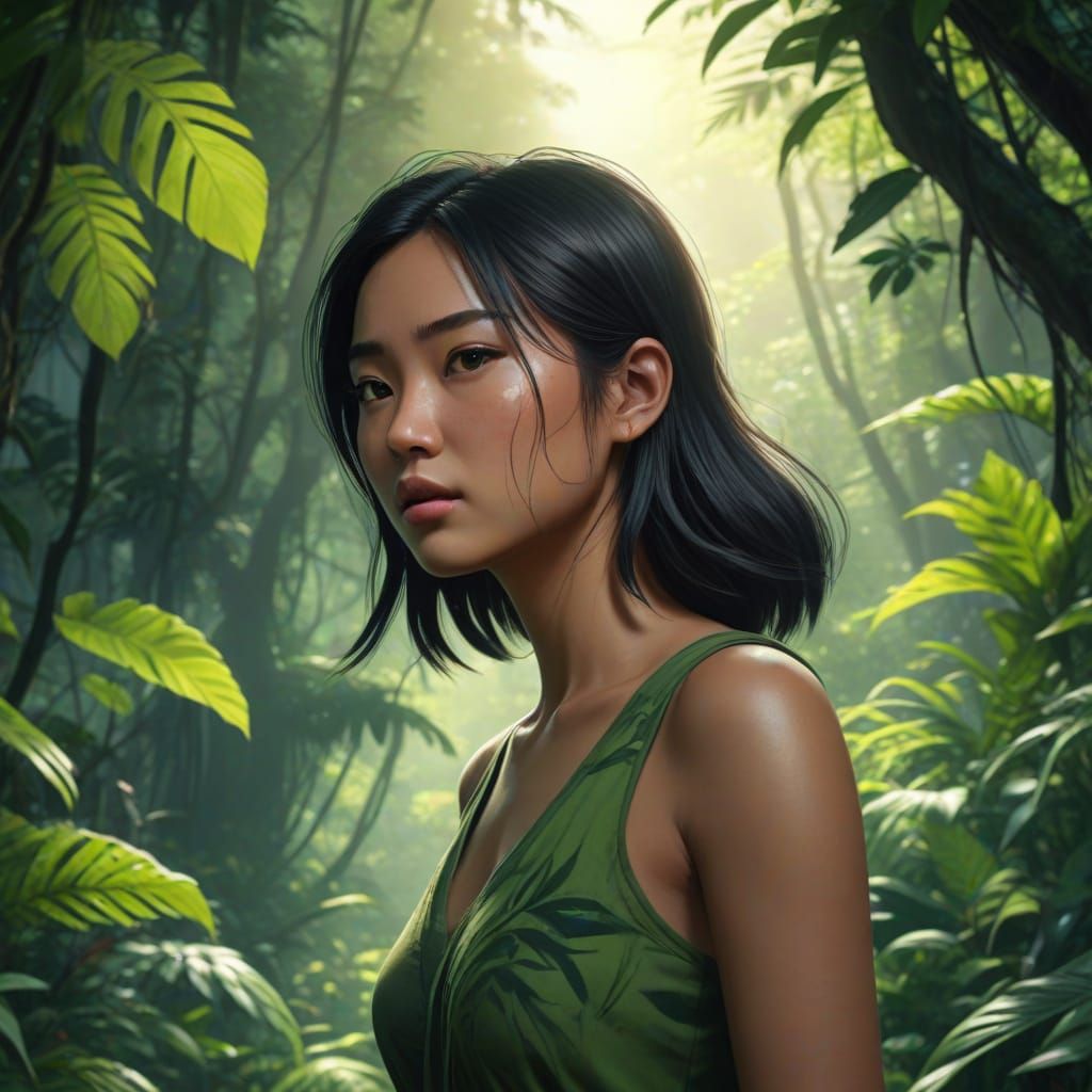 Beautiful Asian Woman as Jungle Explorer in Anime Style
