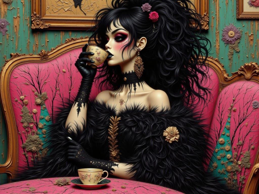Gothic Woman in Ornate Parlor