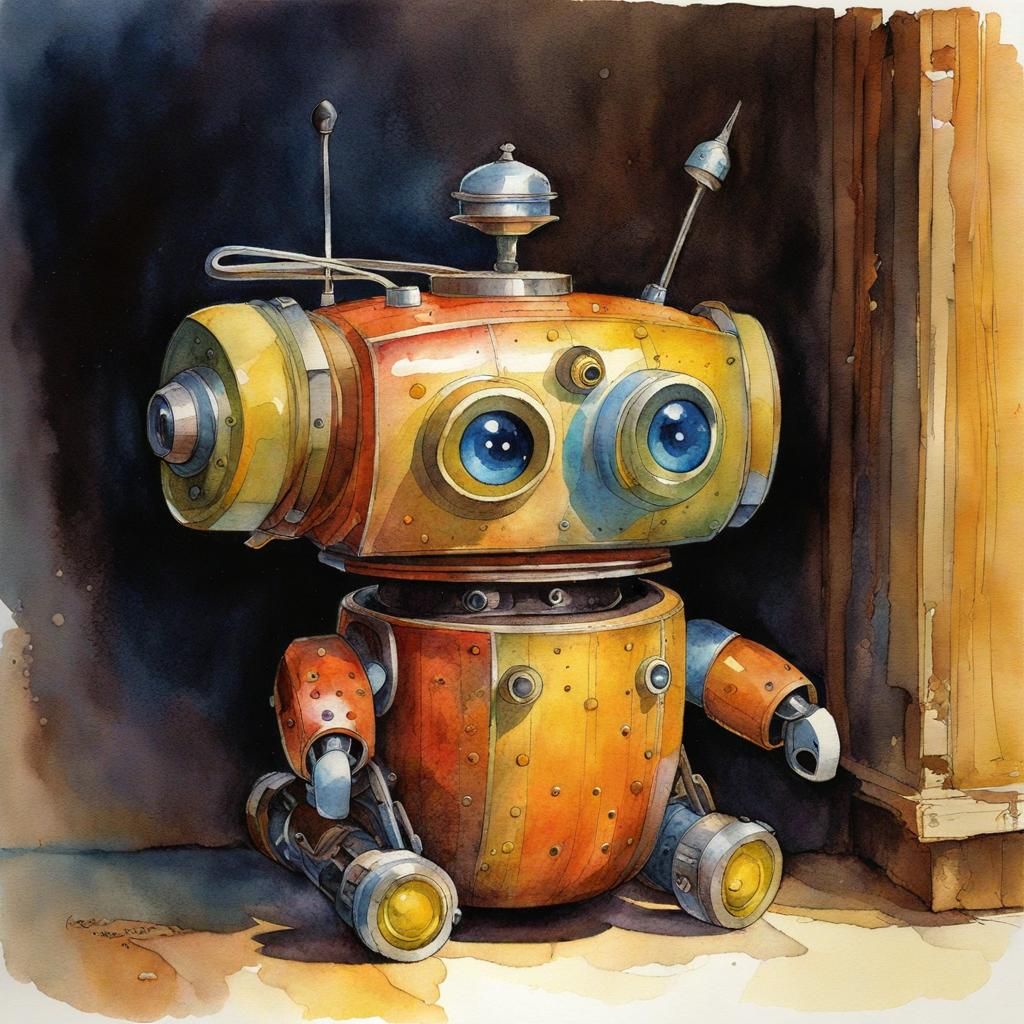 Cute Toy Bot in Foundry: Watercolor and Ink