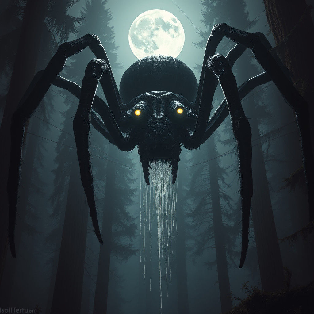 Gargantuan Four-Eyed Black Widow Spider in Dark Forest