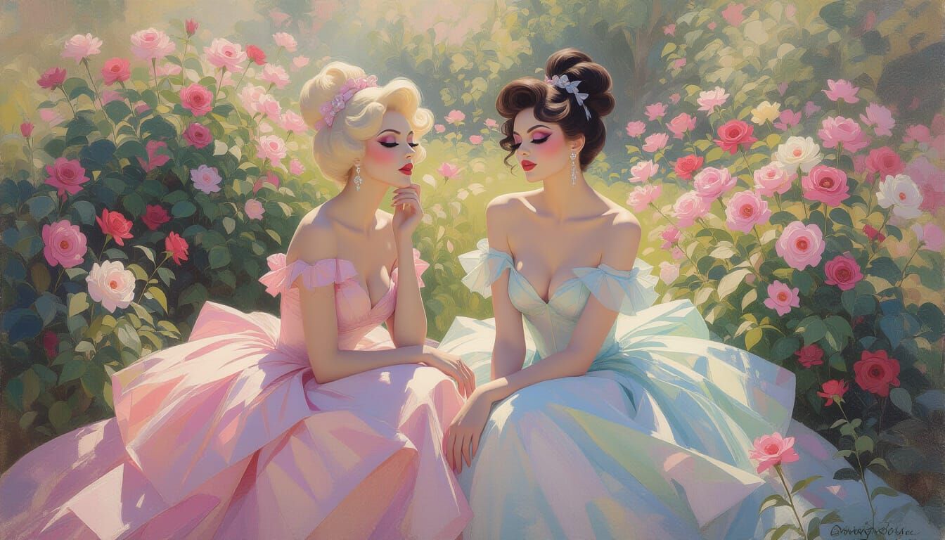 Impressionistic Garden Scene: Drag Queens in Soft Light