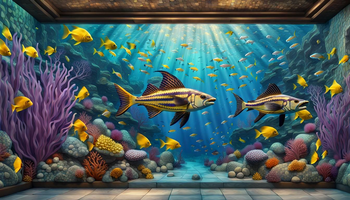 Underwater Mosaic Tile Scene in Detailed Matte Style