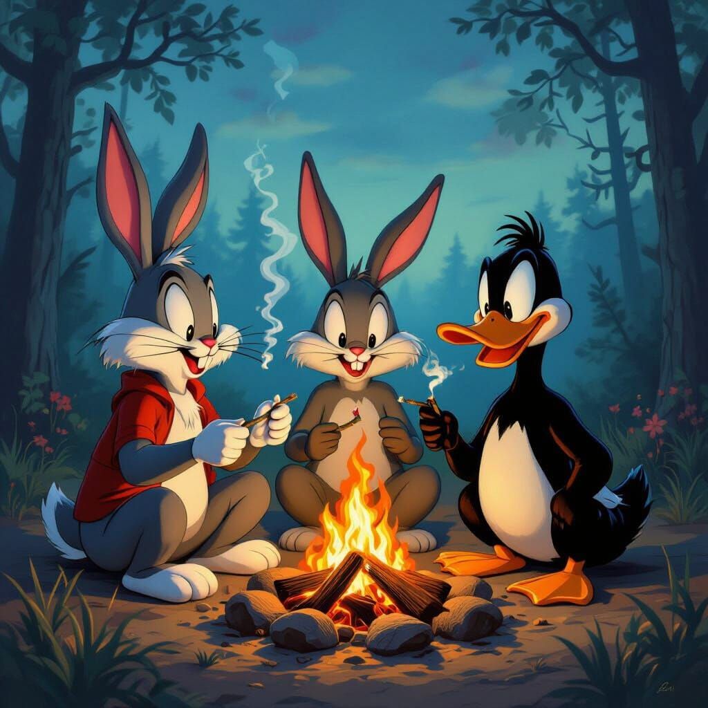 Looney Tunes Trio Around Campfire, Surrealist Style