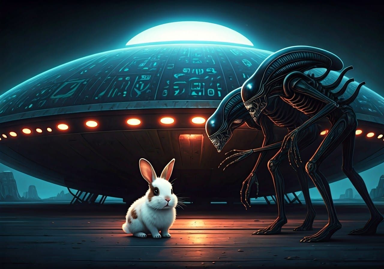 Alien Encounter: Piebald Rabbit Meets Xenomorphs in Futurist...