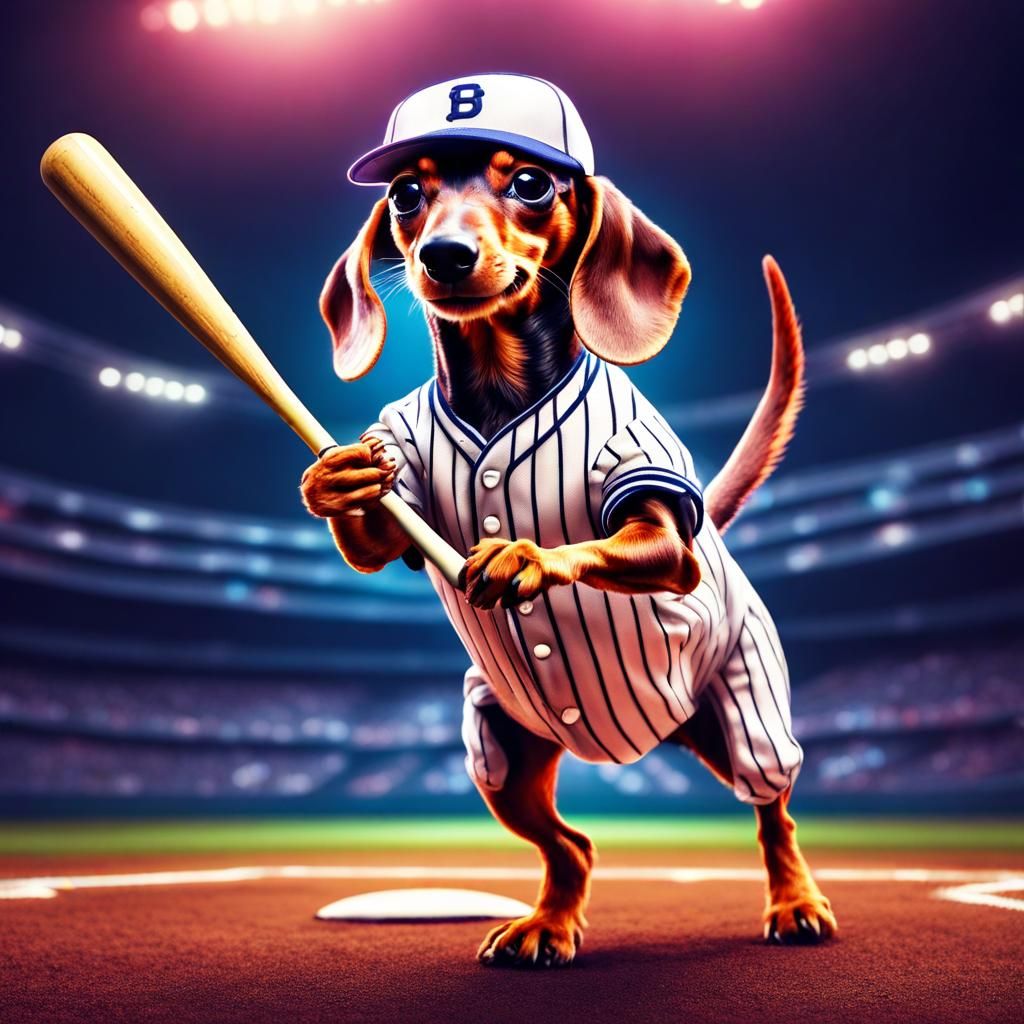 Dachshund Baseball Player: Whimsical Neon Photoillustration