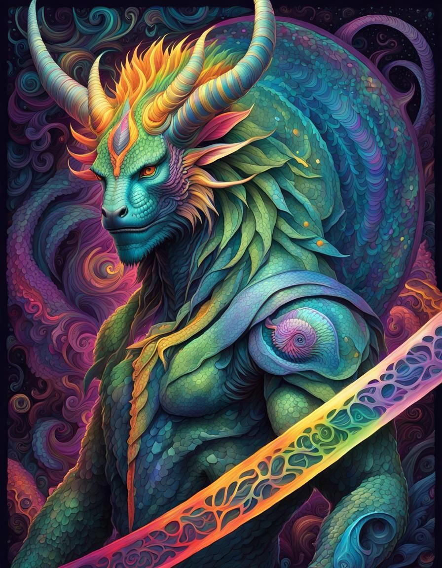 Mystical Reptile Man in Psychedelic Vaporwave Forest