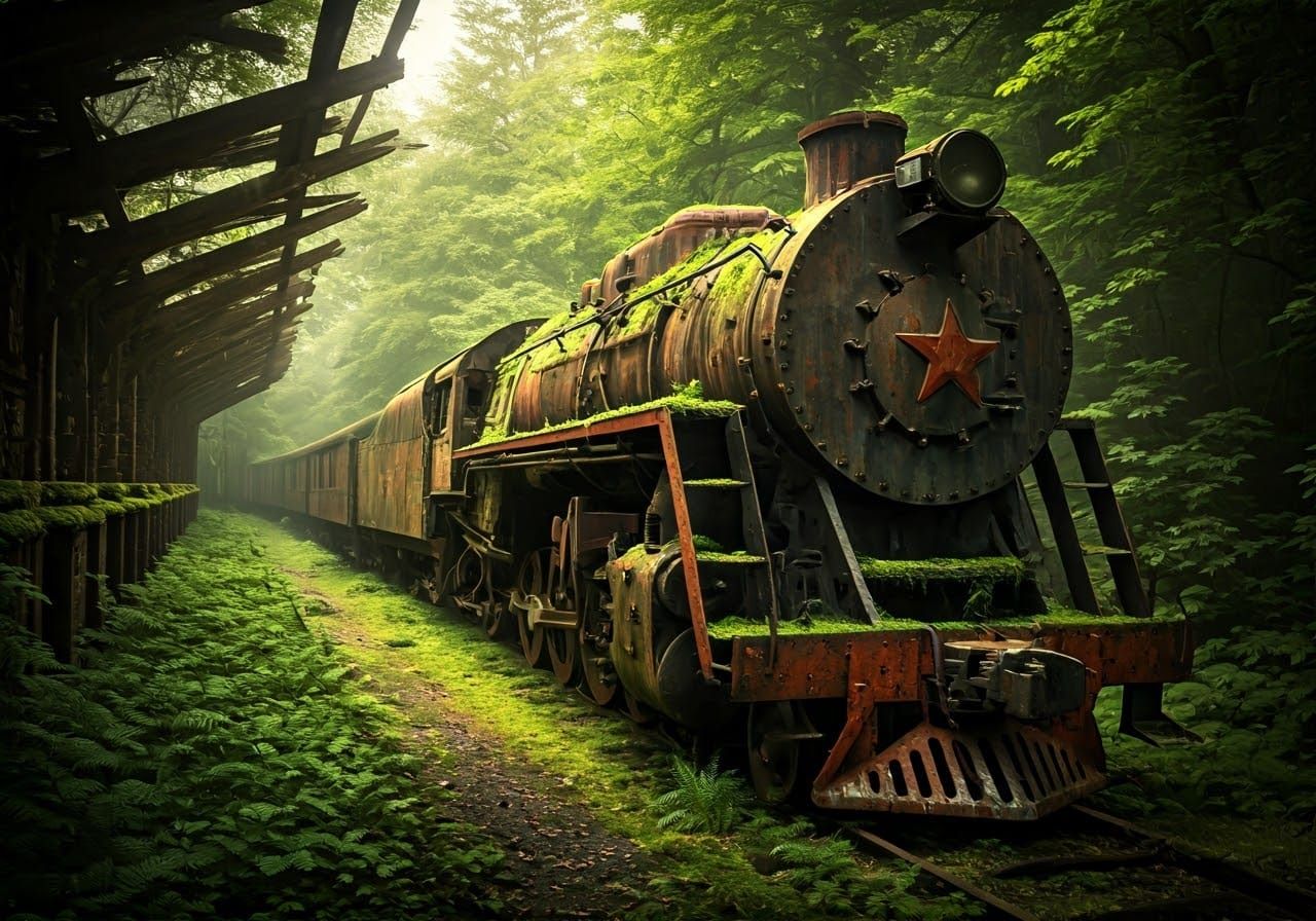 Majestic Abandoned Locomotive in Lush Forest