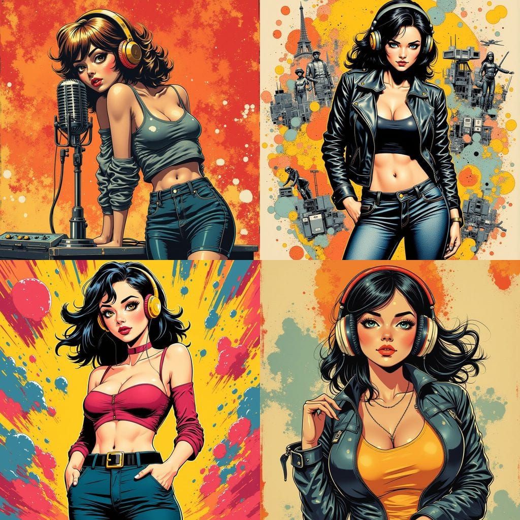 Pinup Girl with Headphones in Linoleum Print Style