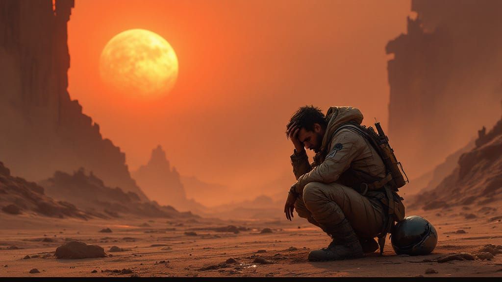Desert Survivor on Alien World at Dusk