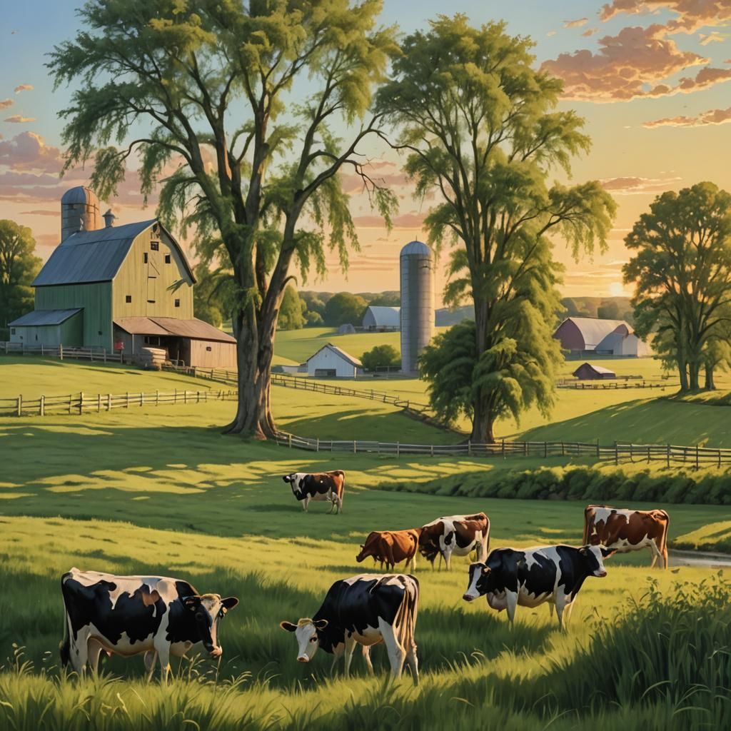 Cows in Field at Sunset: Rural Landscape