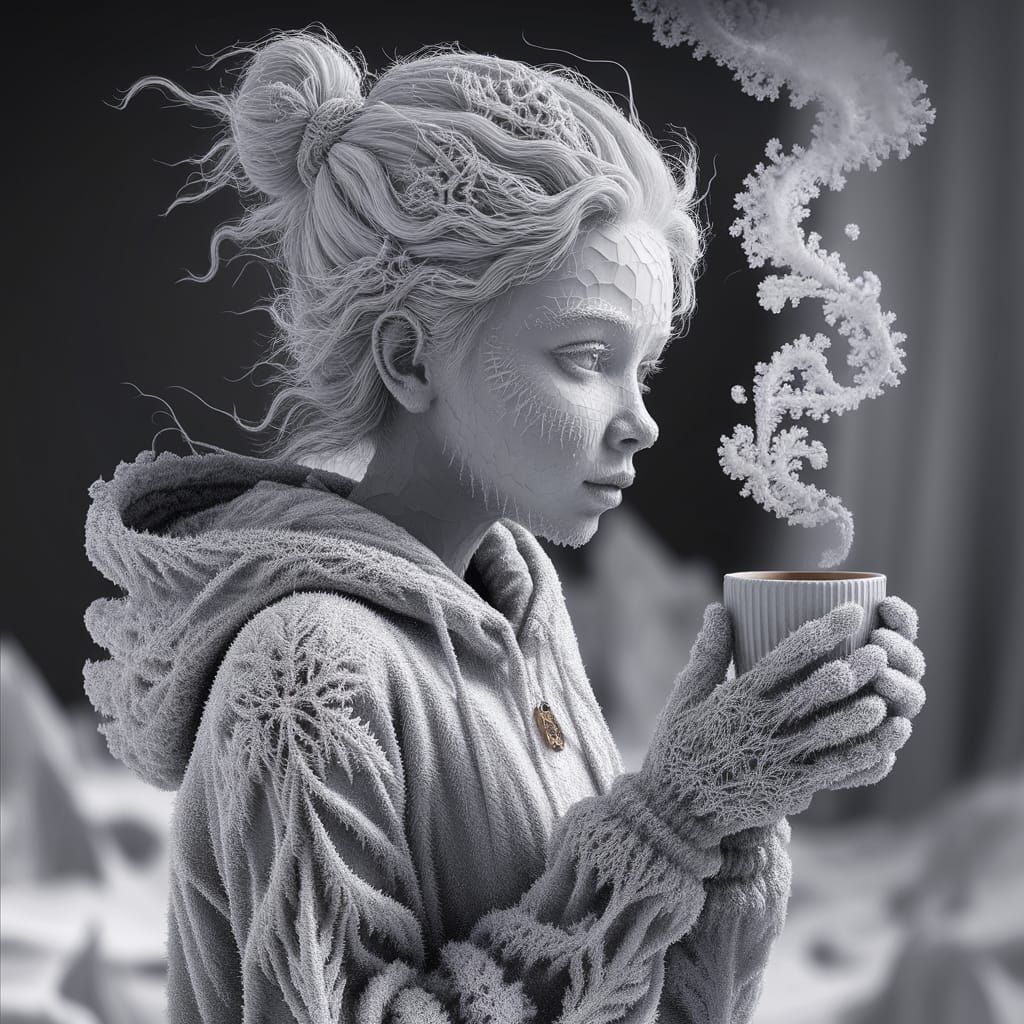 Frosty Fantasy Woman Sips Coffee in Moody Winter Scene
