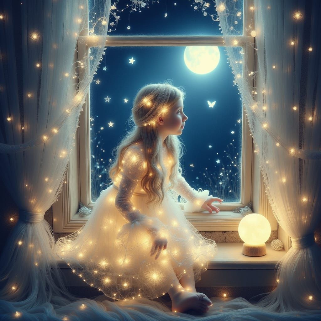 Dreamy Girl in Moonlight by Window