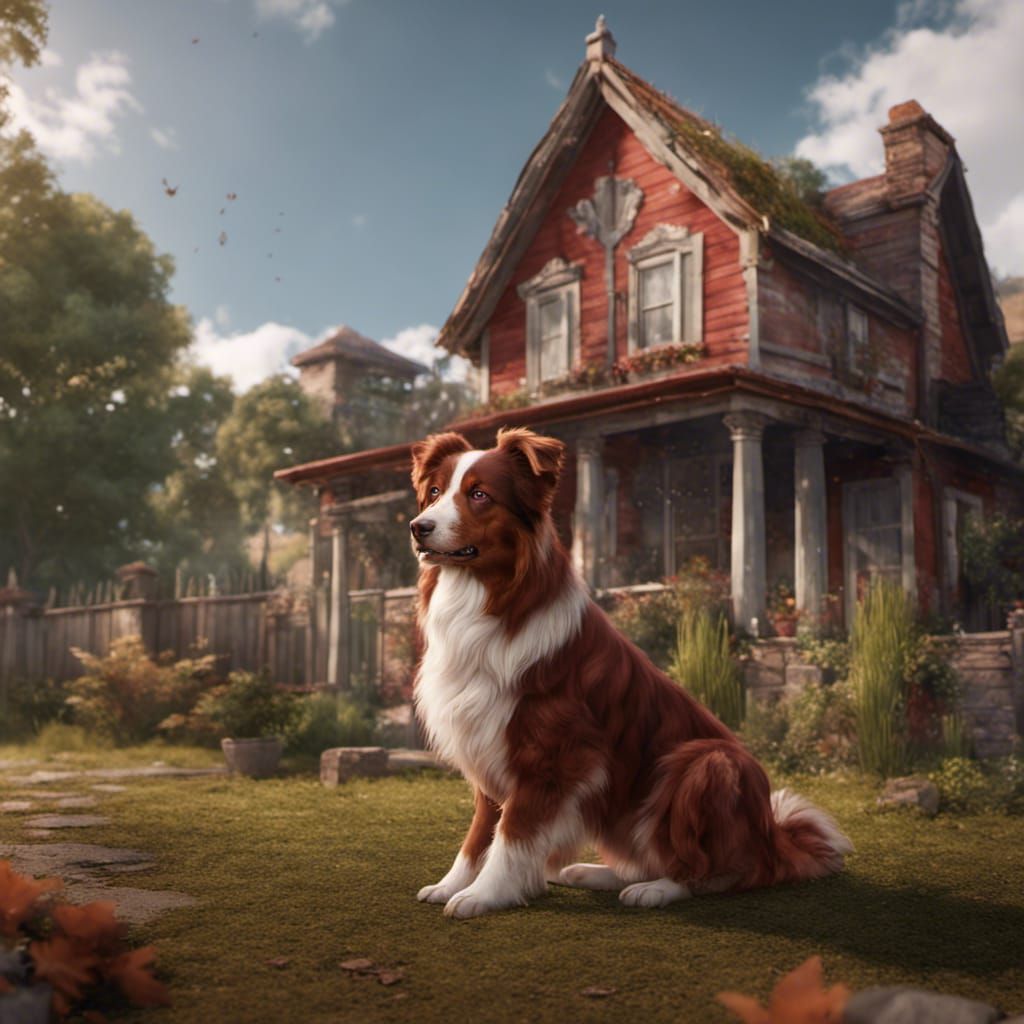 Red Australian Shepherd in Yard: Detailed Digital Painting