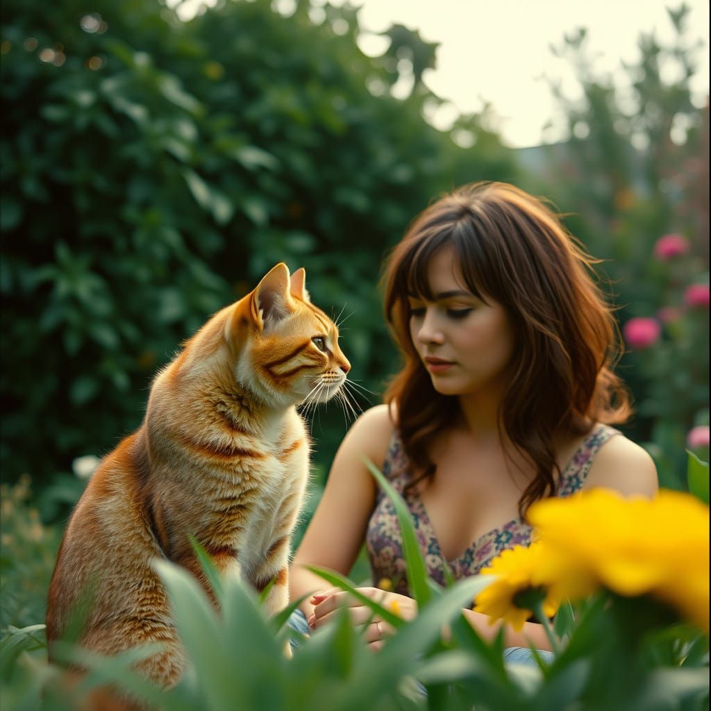 Ethereal Film Still of Feline Duo in a Lush Garden Setting,...