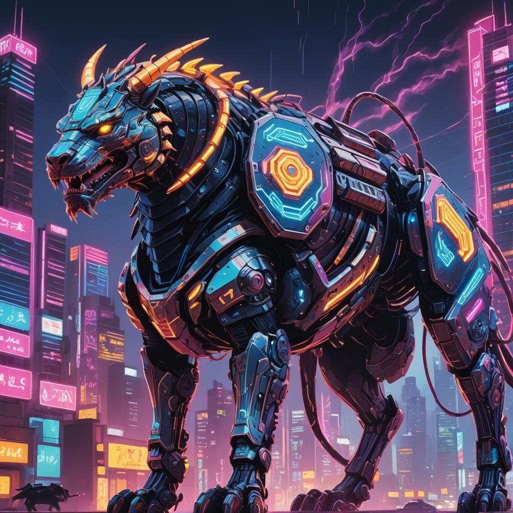 Synthwave Armored Chimera with Neon Circuits