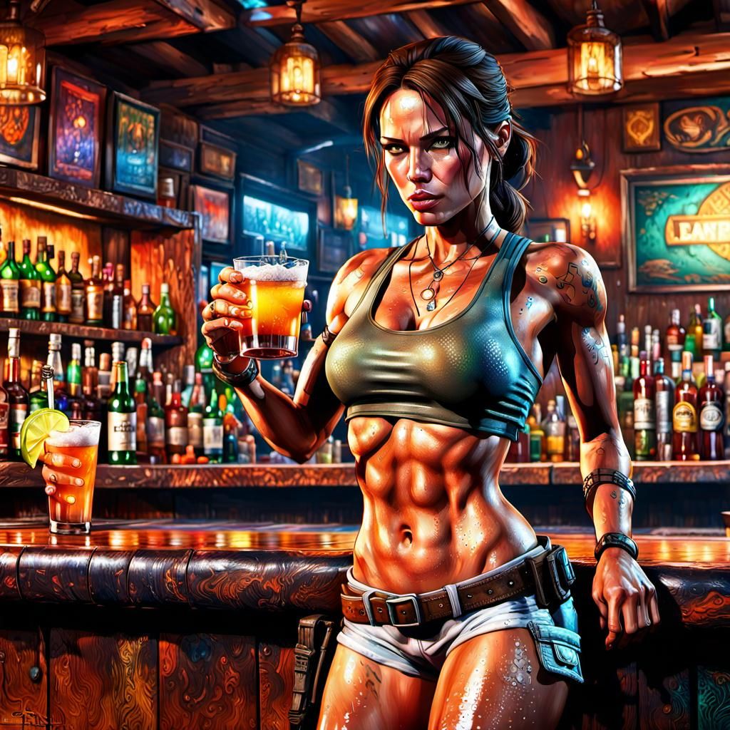 Lara Croft at Bar, Hyperrealistic Splash Art