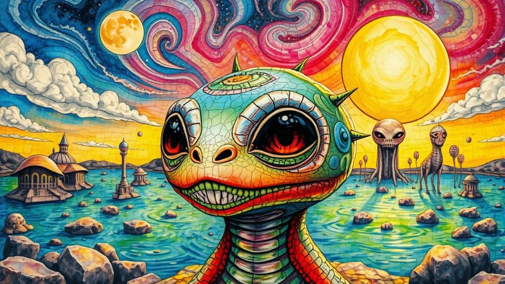 Surreal Alien Landscape in Vibrant Watercolor Style